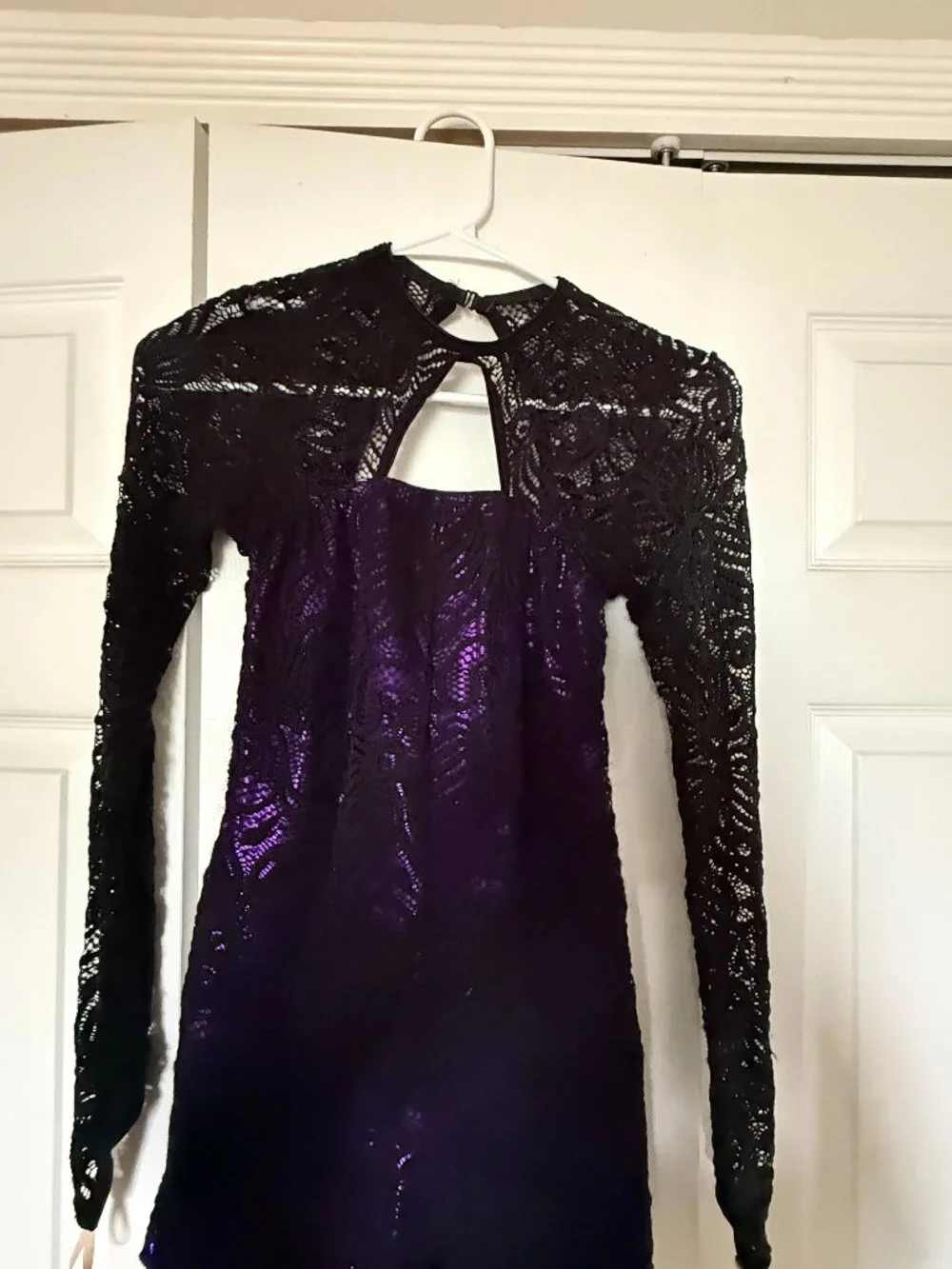 Weissmans purple and black lace long-sleeve keyhole jazz dance costume